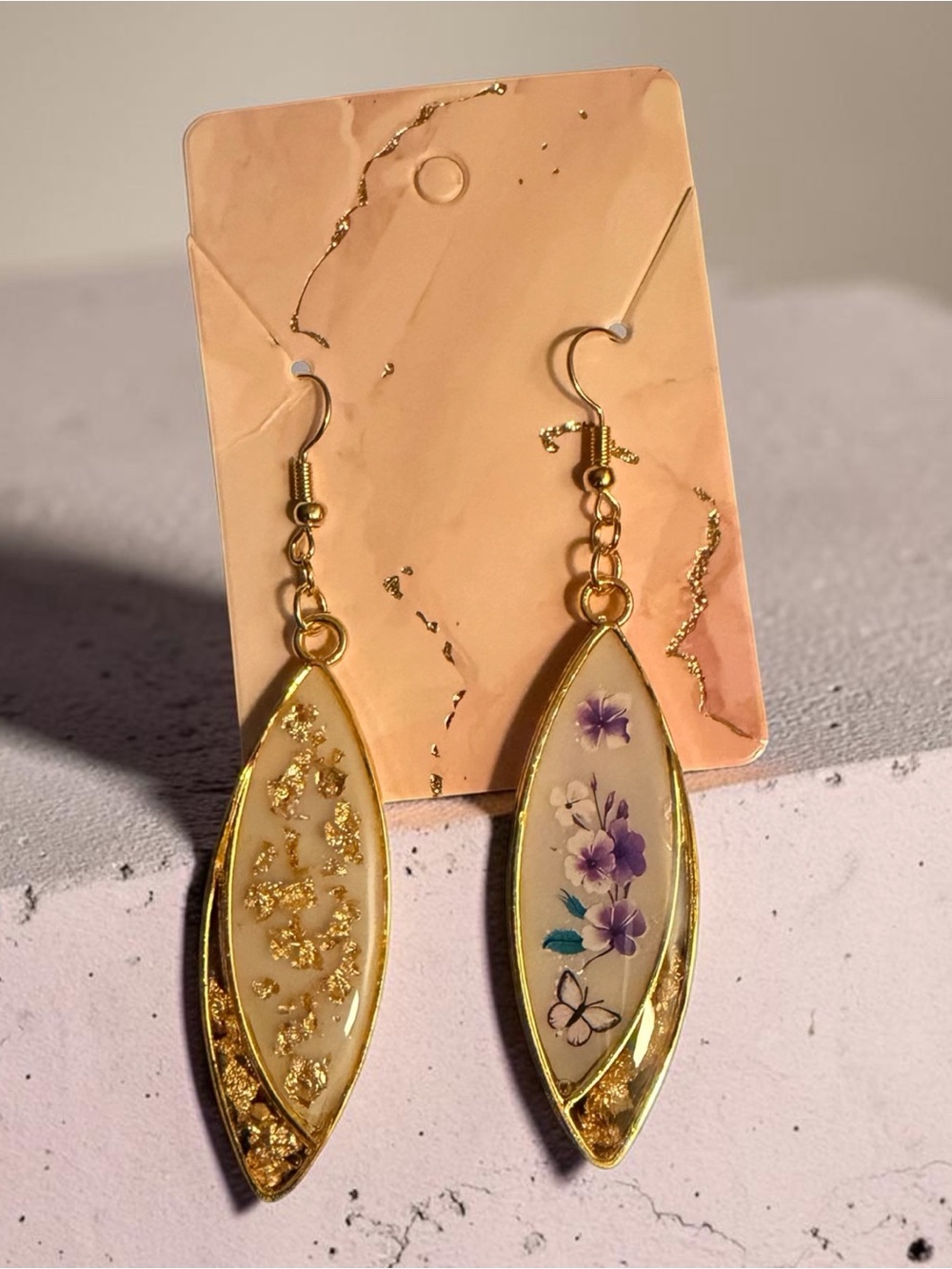 Gold Floral Resin Drop Earrings with Purple Accents - Women Jewelry